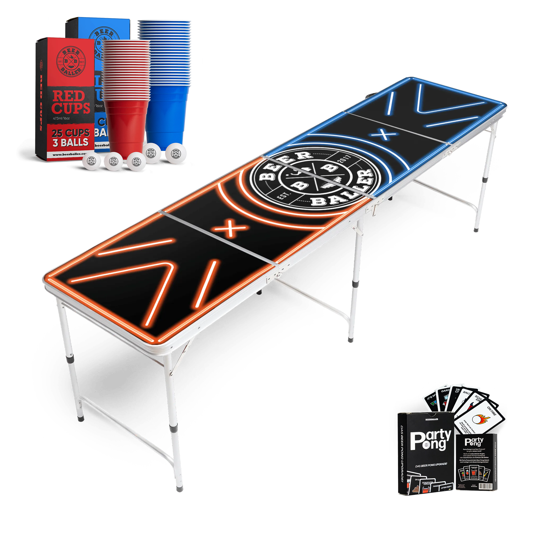 Beer Pong Tisch Set "LED NEON" inkl. 50 Becher, 12 Bälle & Party Pong