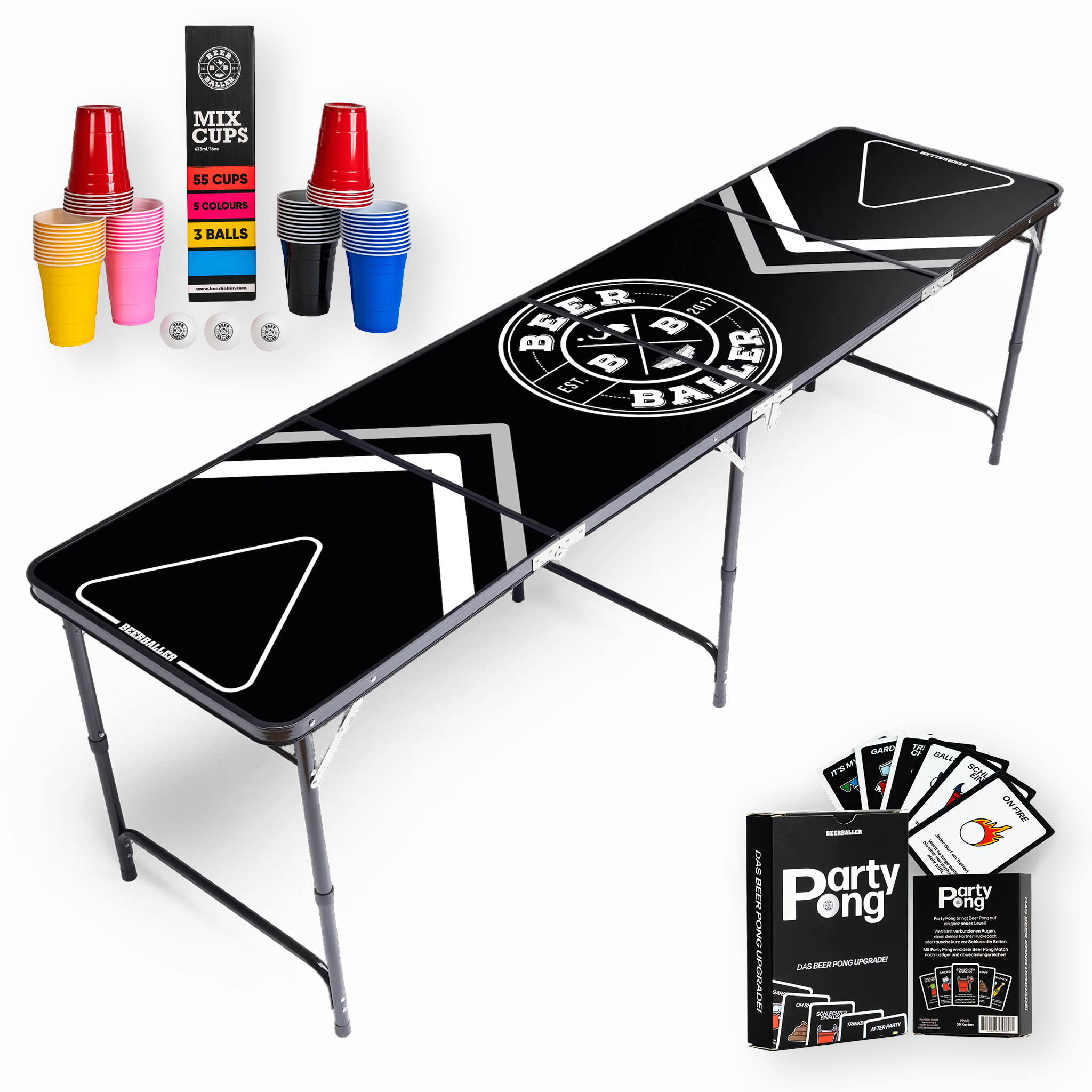 Beer Pong Tisch Set 'AllBlack' inkl. 55 Bechern, 3 Bällen & Trinkspiel