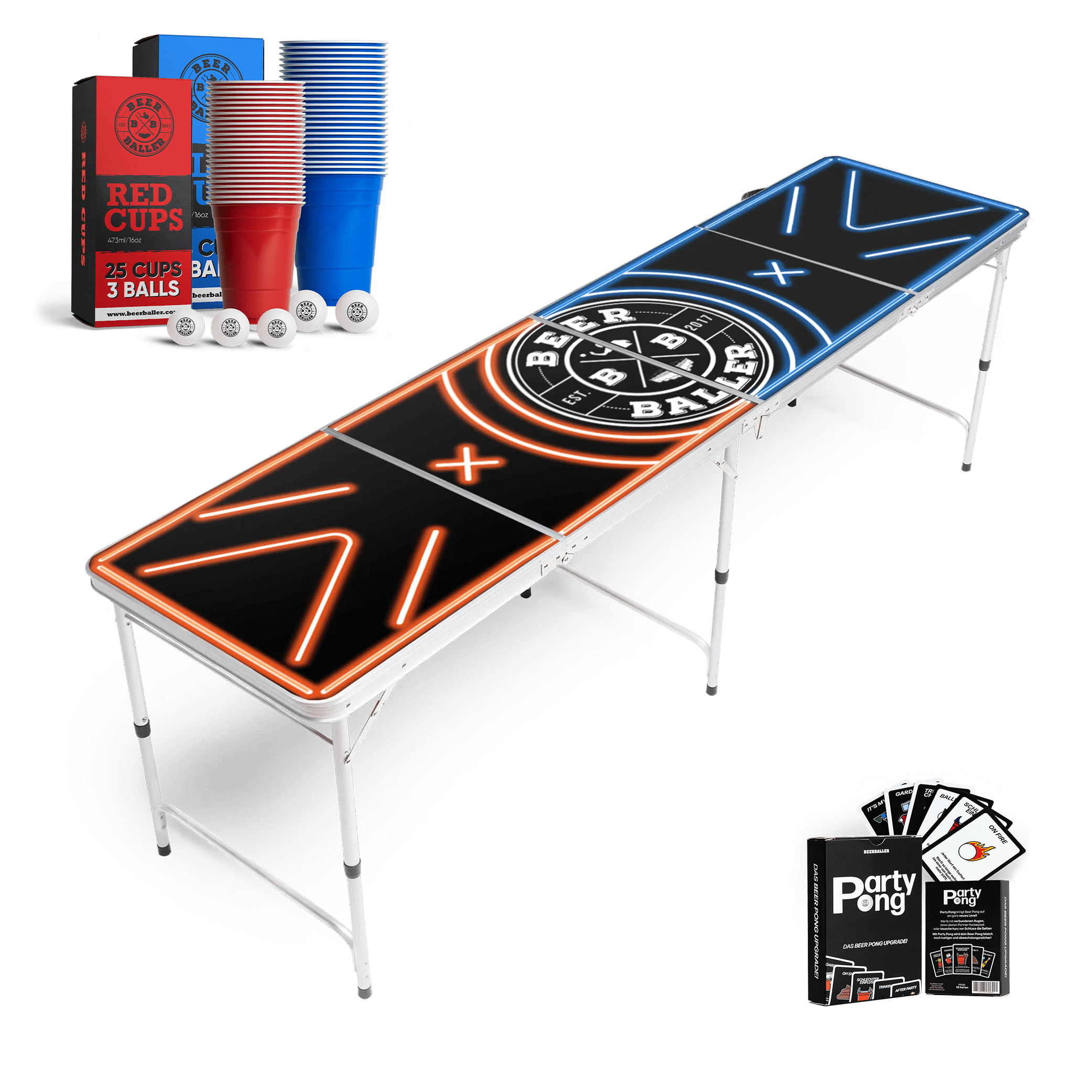Beer Pong Tisch Set "LED NEON" inkl. 50 Becher, 12 Bälle & Party Pong - BeerBaller
