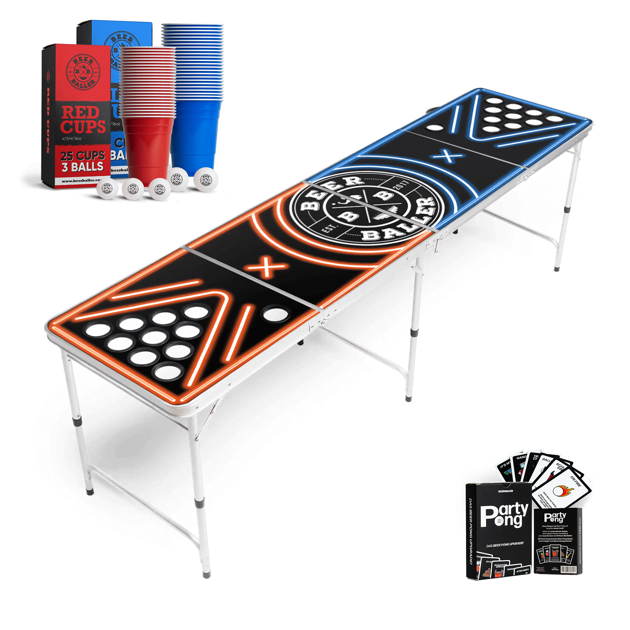 Beer Pong Tisch Set "LED NEON" inkl. 50 Becher, 12 Bälle & Party Pong