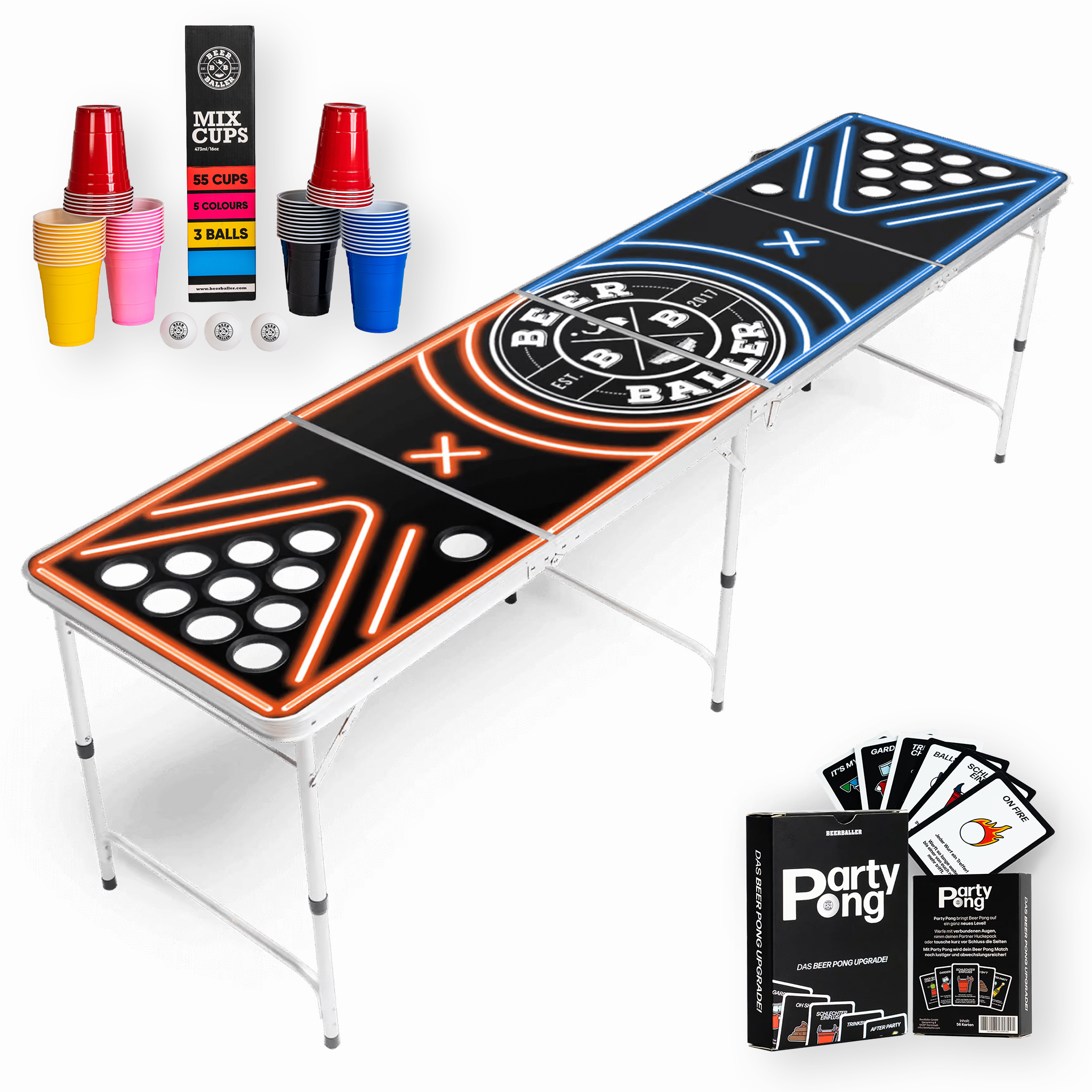 Beer Pong Tisch Set 'LED NEON' inkl. 55 Bechern, 3 Bällen & Trinkspiel
