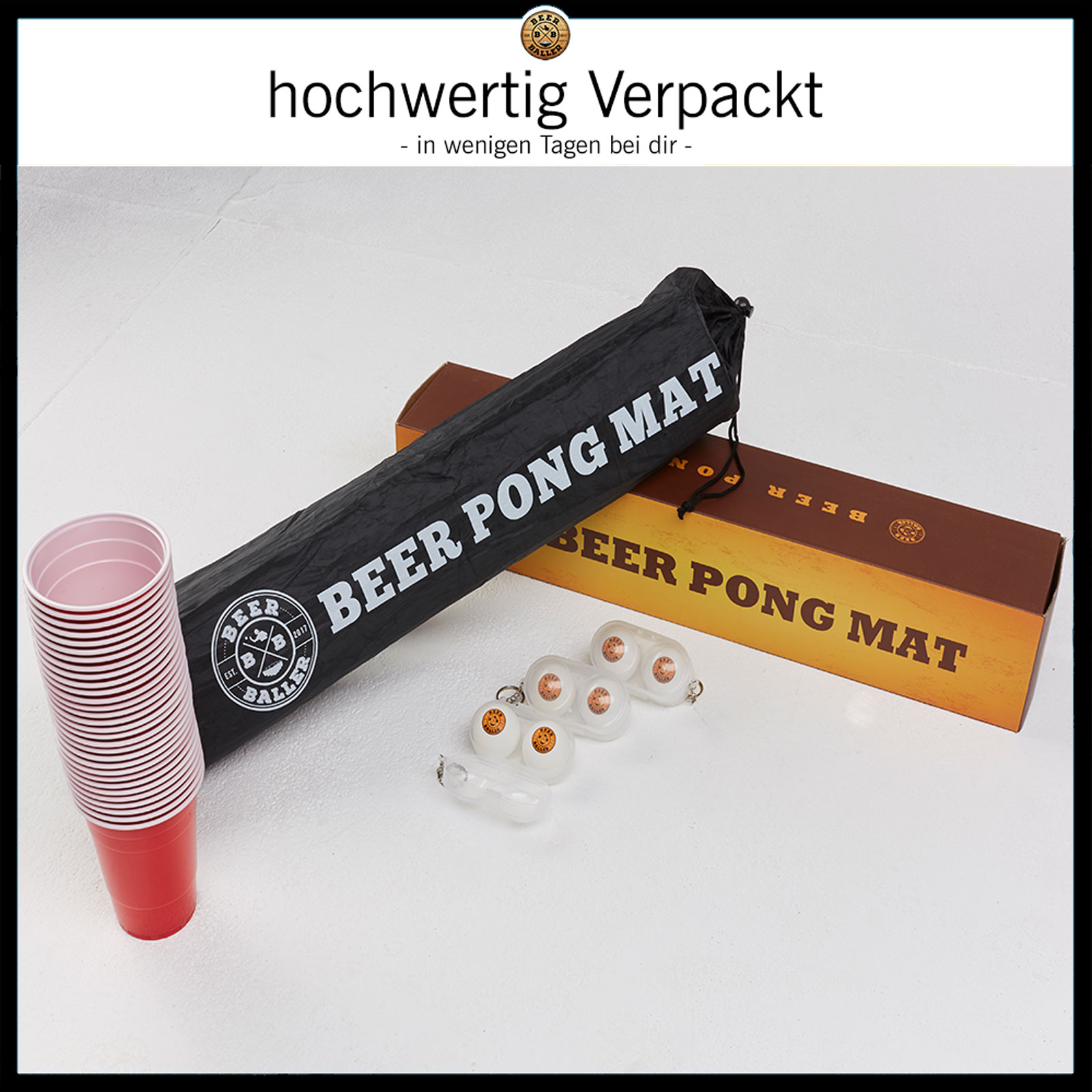 KOMPLETT-Set inkl 180 x 60 cm Gartenheld© Beer-Pong Trinkspiel Matte 22 x Cup 